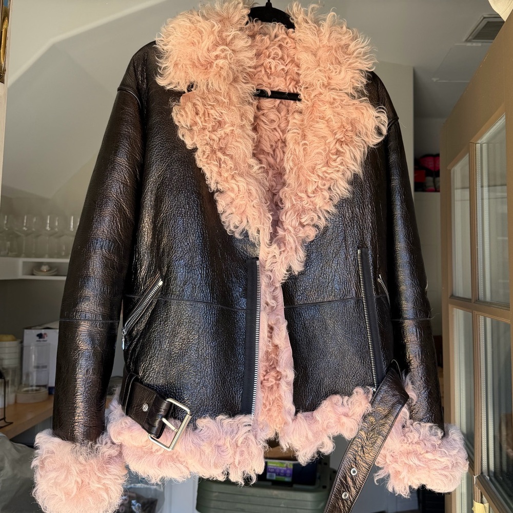 Sandy Liang Black Faux Leather Jacket with Pink Shearling Trim